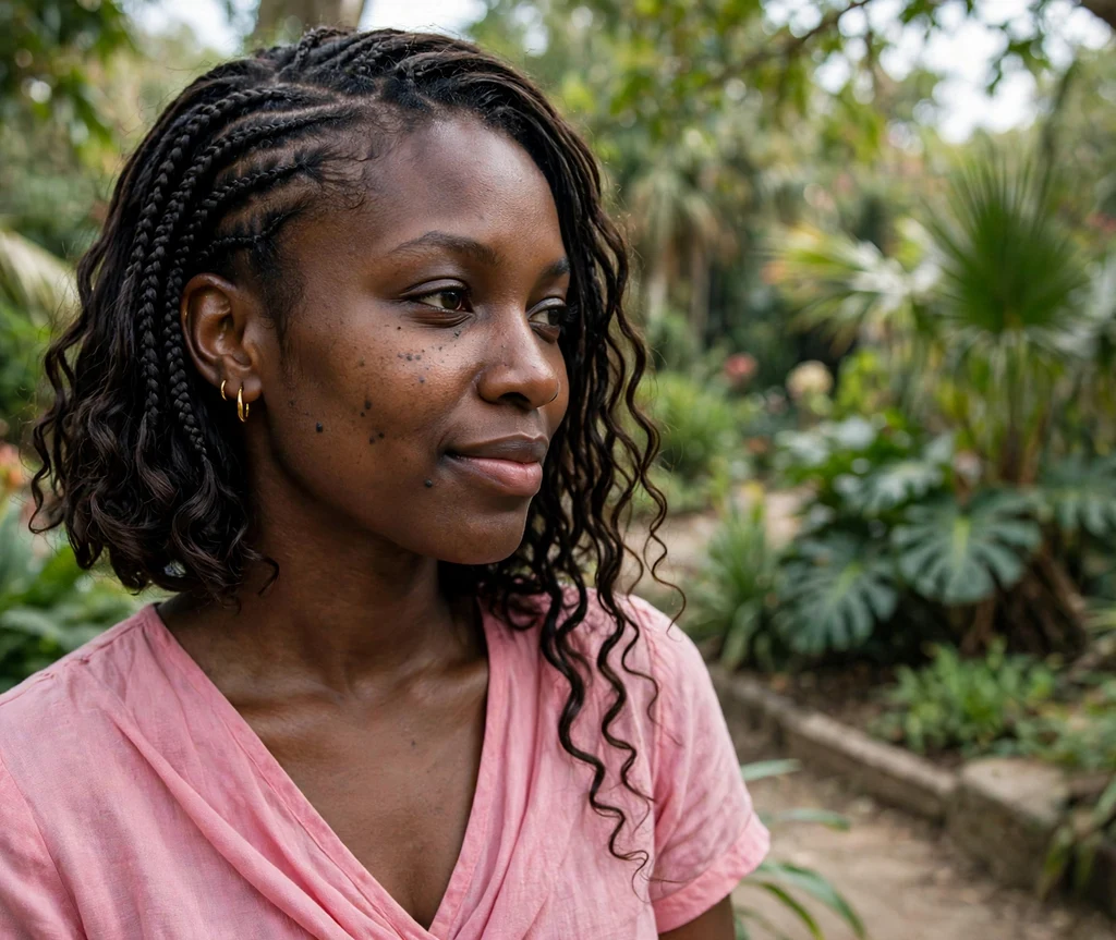 Black woman with a short waterfall cornrow bob in a botanical garden