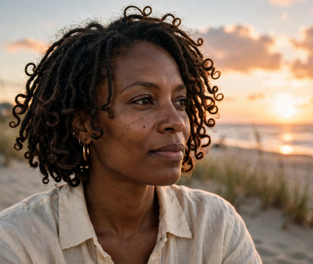 Black woman with a short butterfly locs bob at a beach at sunset