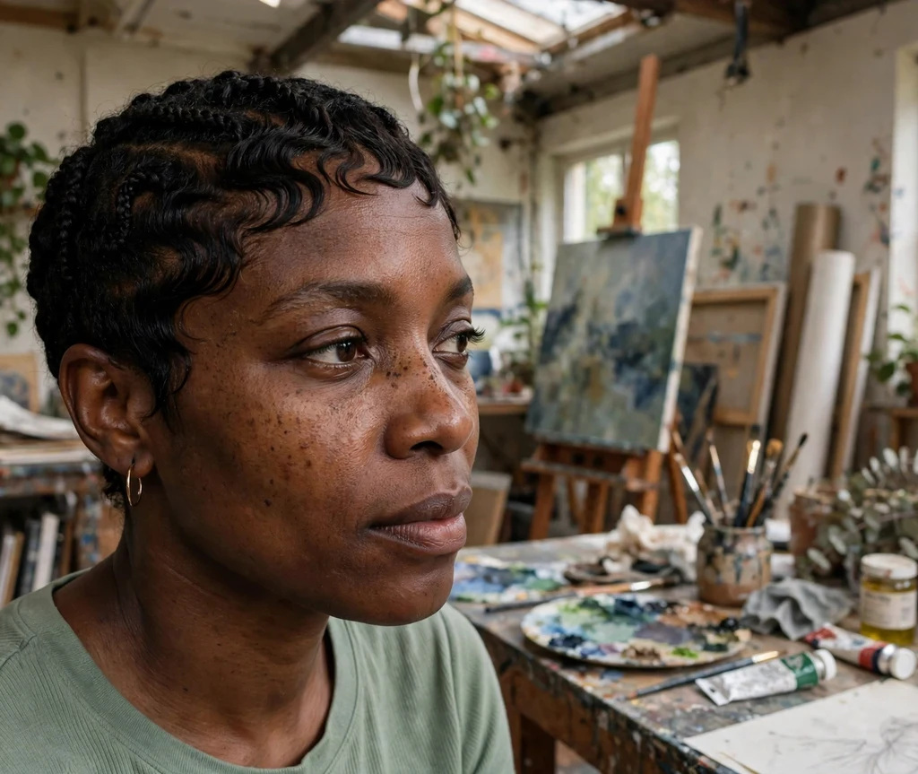 Black woman with a braided pixie with finger waves in an art studio