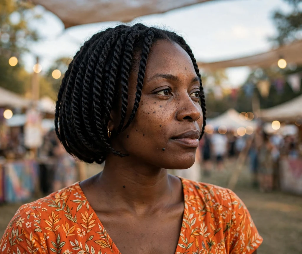 Black woman with a short rope twist bob at an outdoor festival