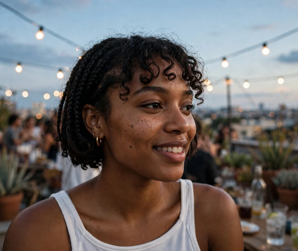 Black woman with a short braided bob with curly bangs at a rooftop party