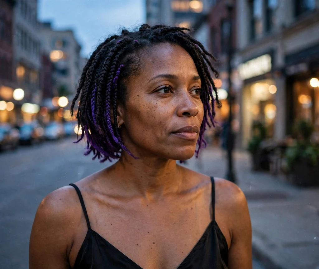 Black woman with peekaboo color short braids on a downtown street at dusk