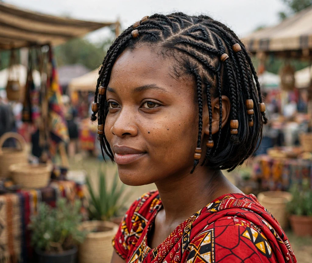 Black woman with a short tribal braids bob at a cultural fair
