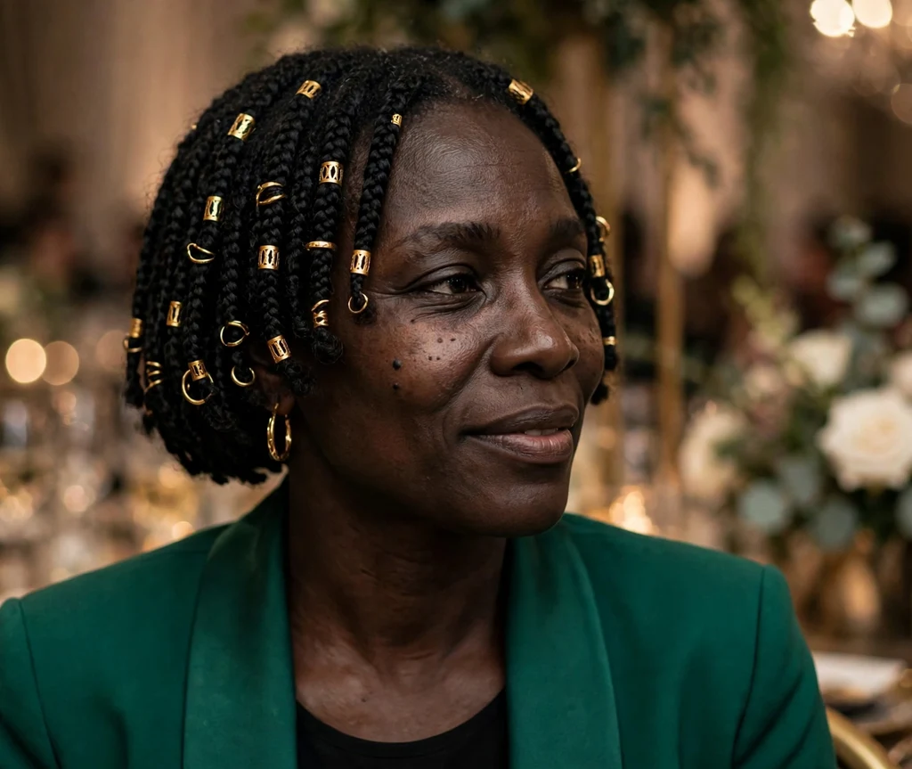 Black woman with a short braided bob decorated with gold cuffs at a gala