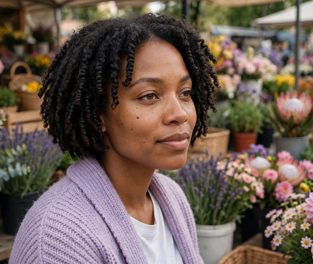 Black woman with a short spring twist bob at a flower market