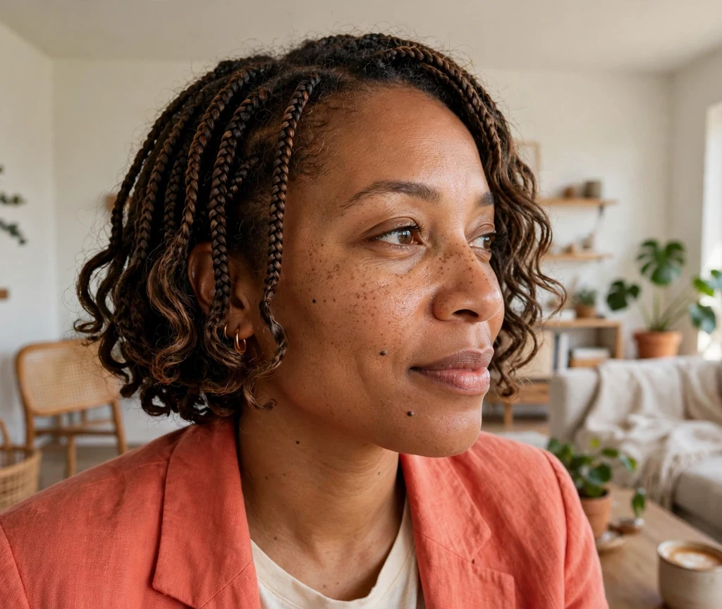 Black woman with a short crochet braids bob in a living room