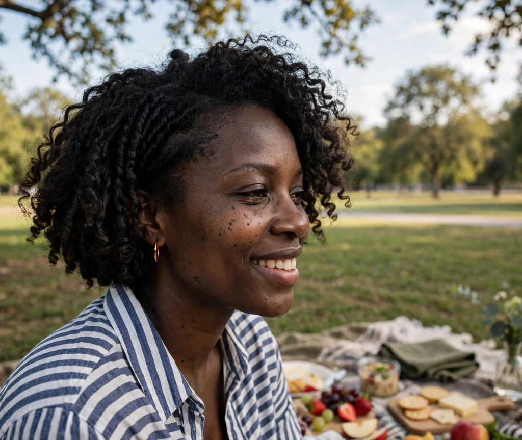 Black woman with a short twist out braided bob at a park picnic