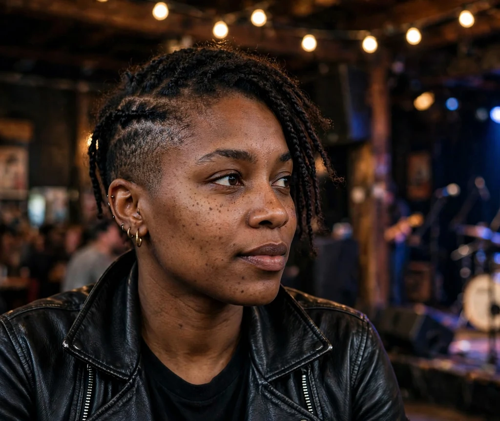 Black woman with short braids and a faux undercut at a music venue