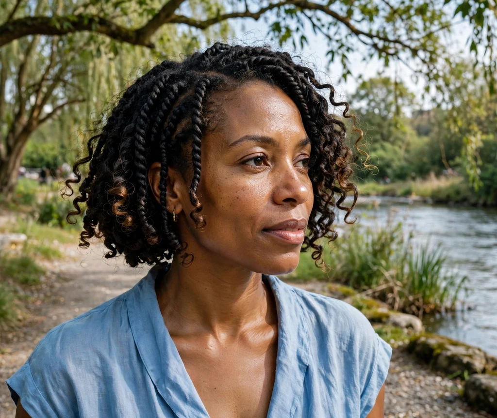 Black woman with a short goddess twist bob on a riverside walk