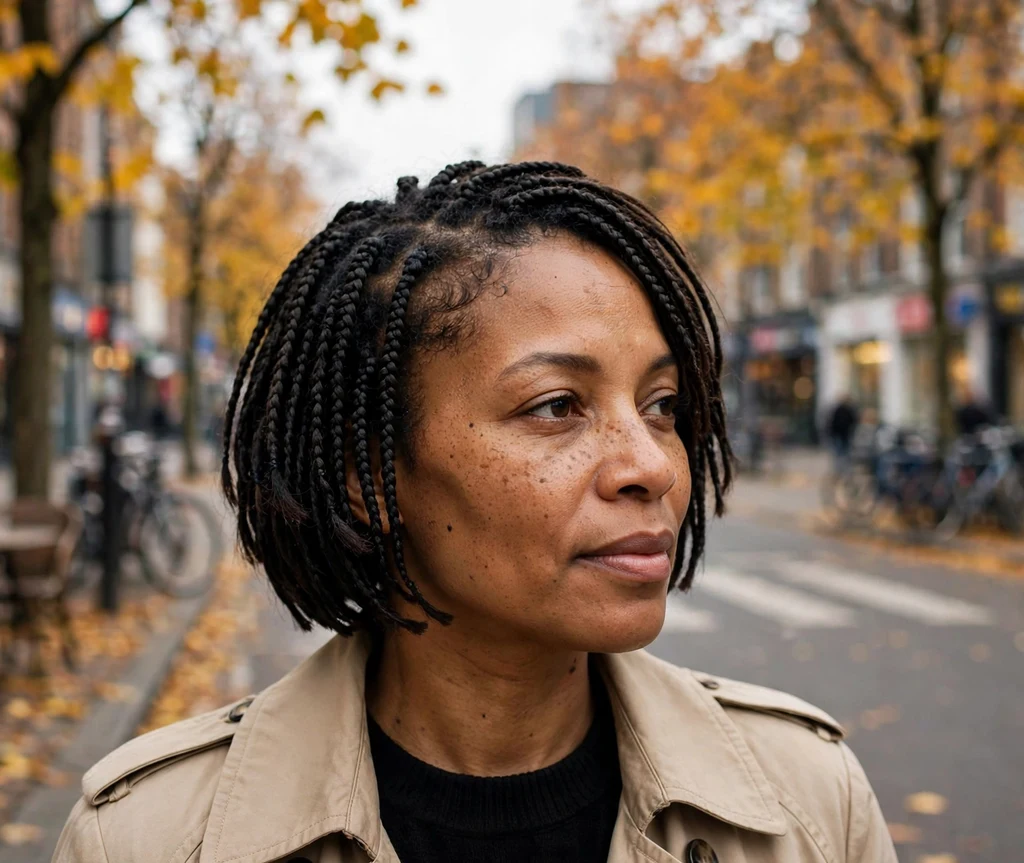 Black woman with a layered short braided bob on an autumn street