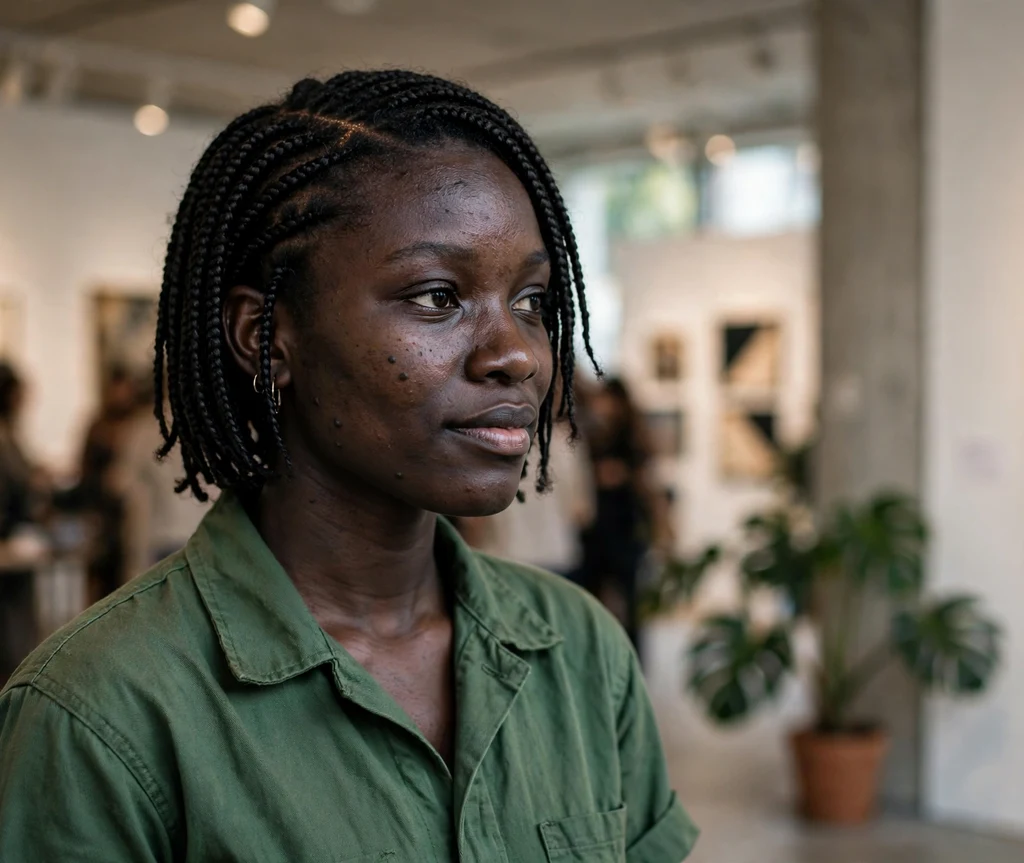 Black woman with short box braids and a side part at a gallery opening