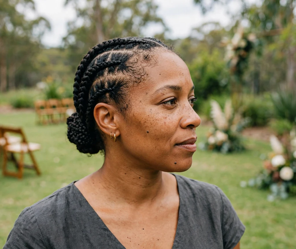 Black woman with short feed-in braids in a low bun on a wedding lawn