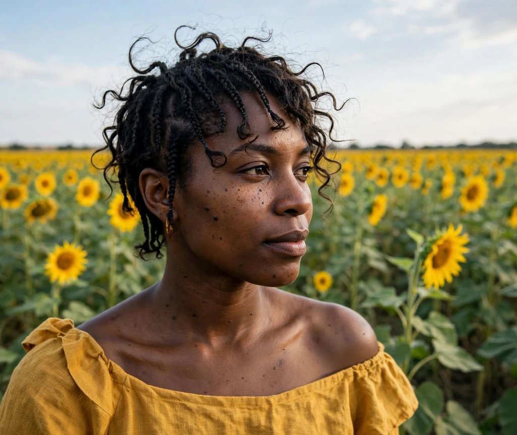 Black woman with a short bohemian braid pixie in a sunflower field