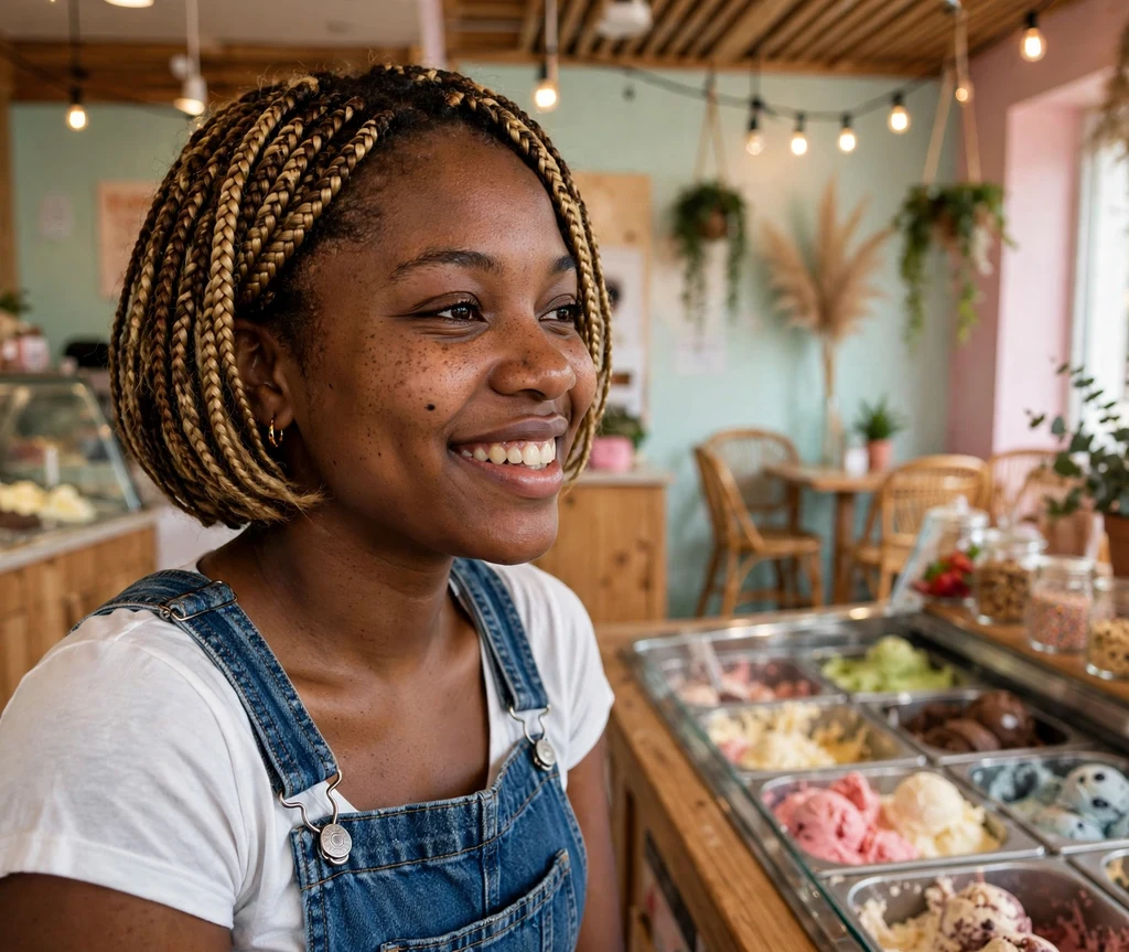 Black woman with a honey blonde mix braided bob at an ice cream shop