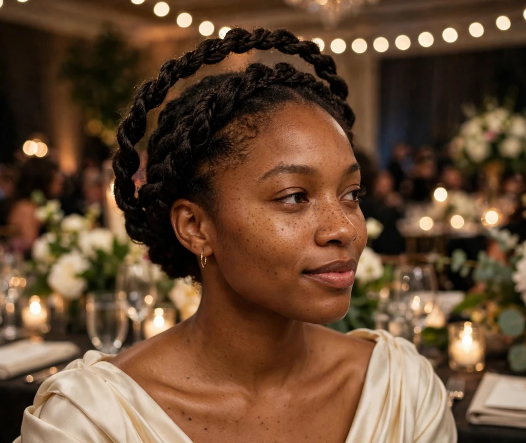 Black woman with a short twisted halo updo at a charity gala