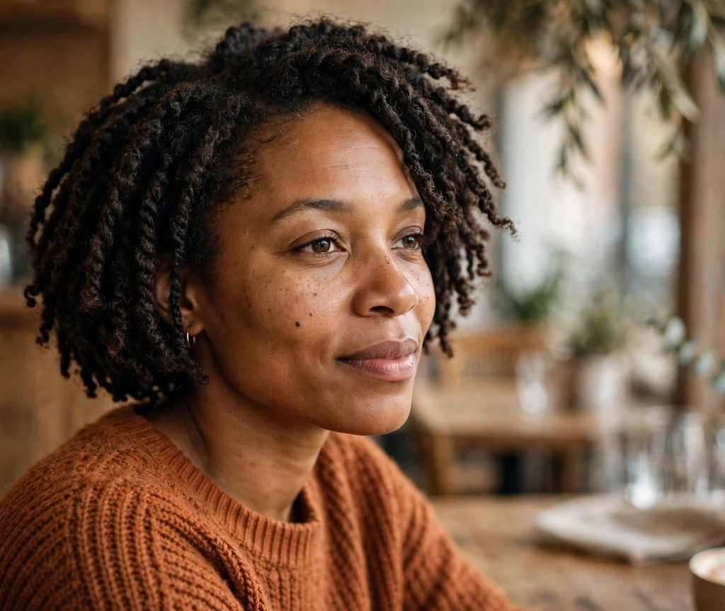 Black woman with a short kinky twist bob in a cozy café