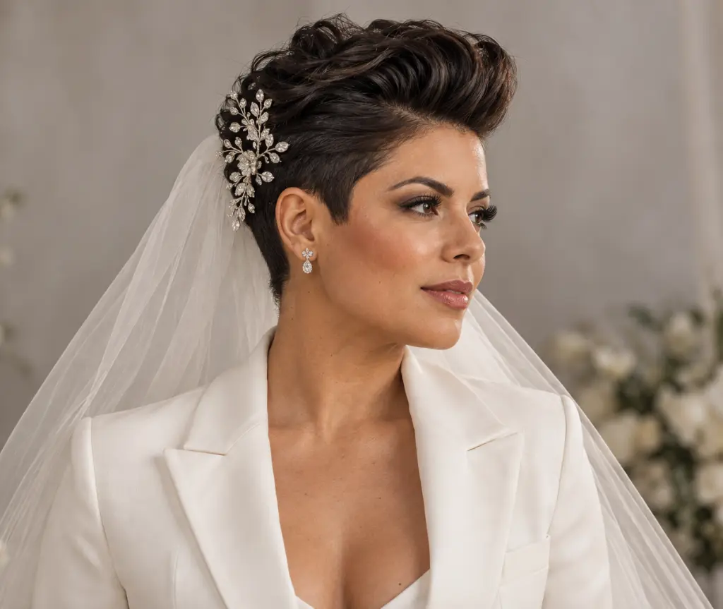 Short Bridal Pompadour with a Jeweled Headpiece