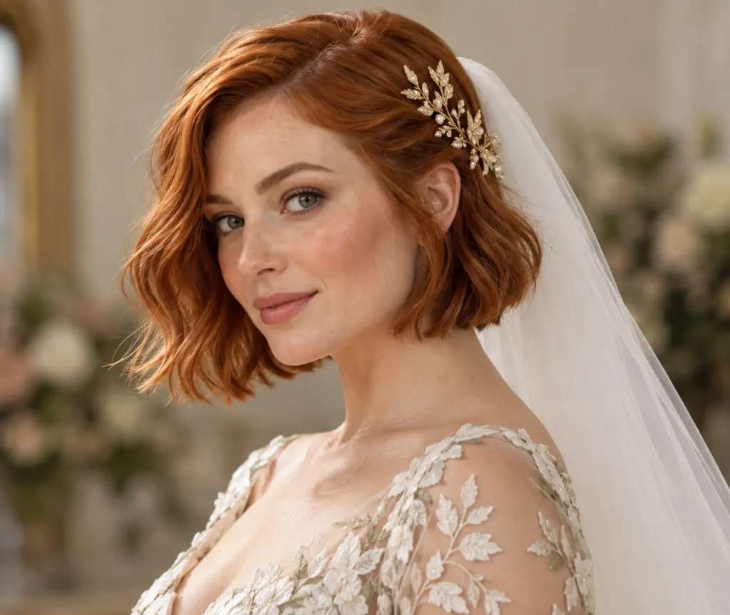Short Copper Bob with a Gold Leaf Comb and Veil