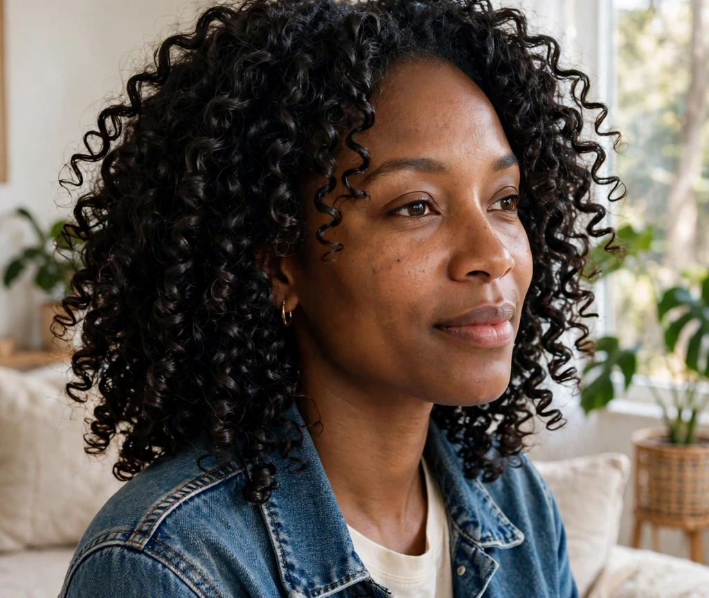 Black woman with defined glossy wash-and-go short curls