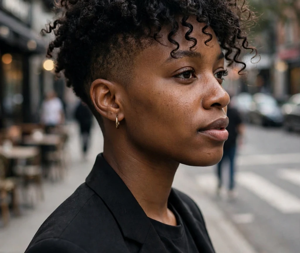 Black woman with a tapered short curly cut and longer curls on top