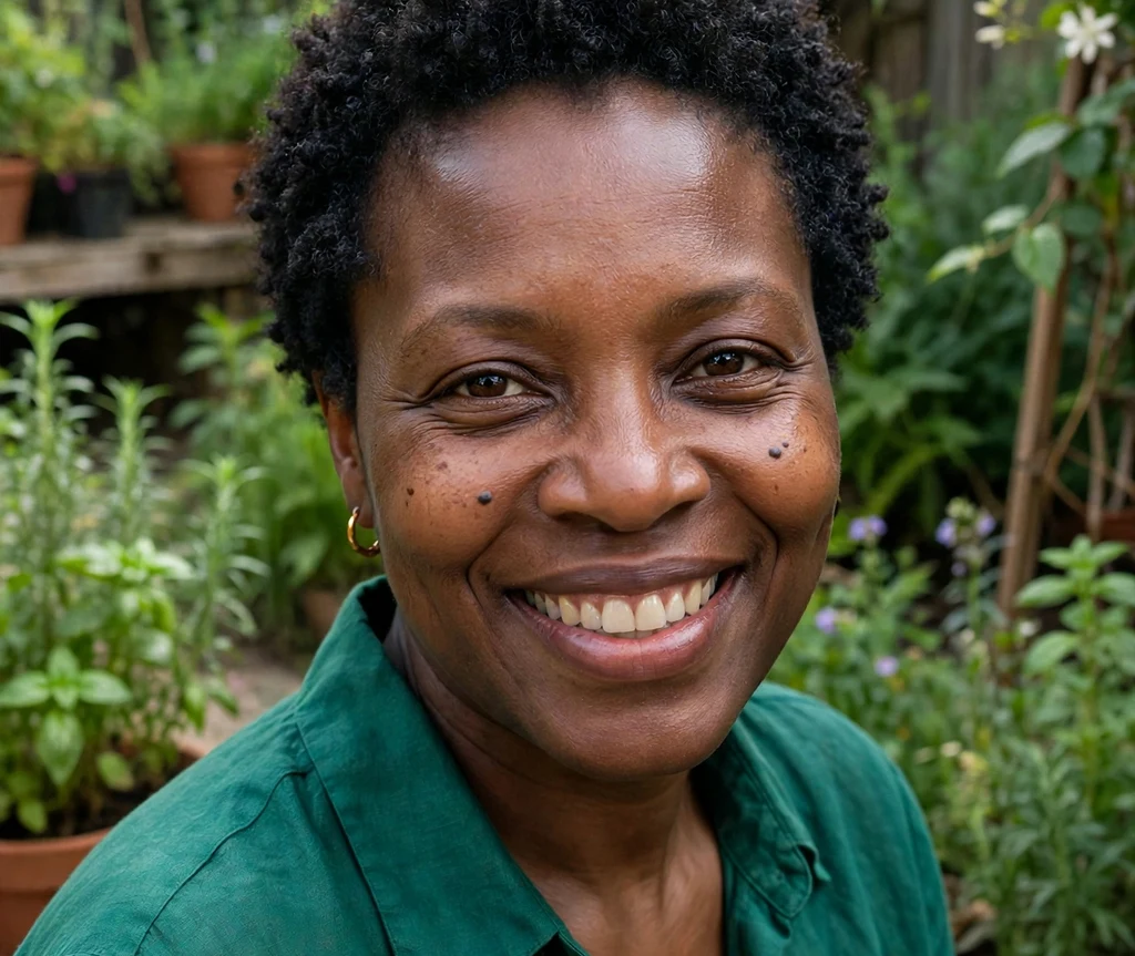 Black woman with a short teeny weeny afro of tight natural coils