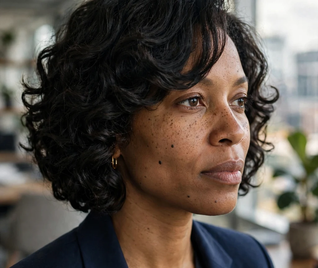 Black woman with a layered curly bob of springy curls