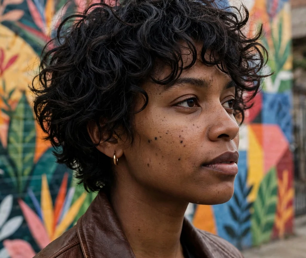 Black woman with a short curly shag full of texture and movement
