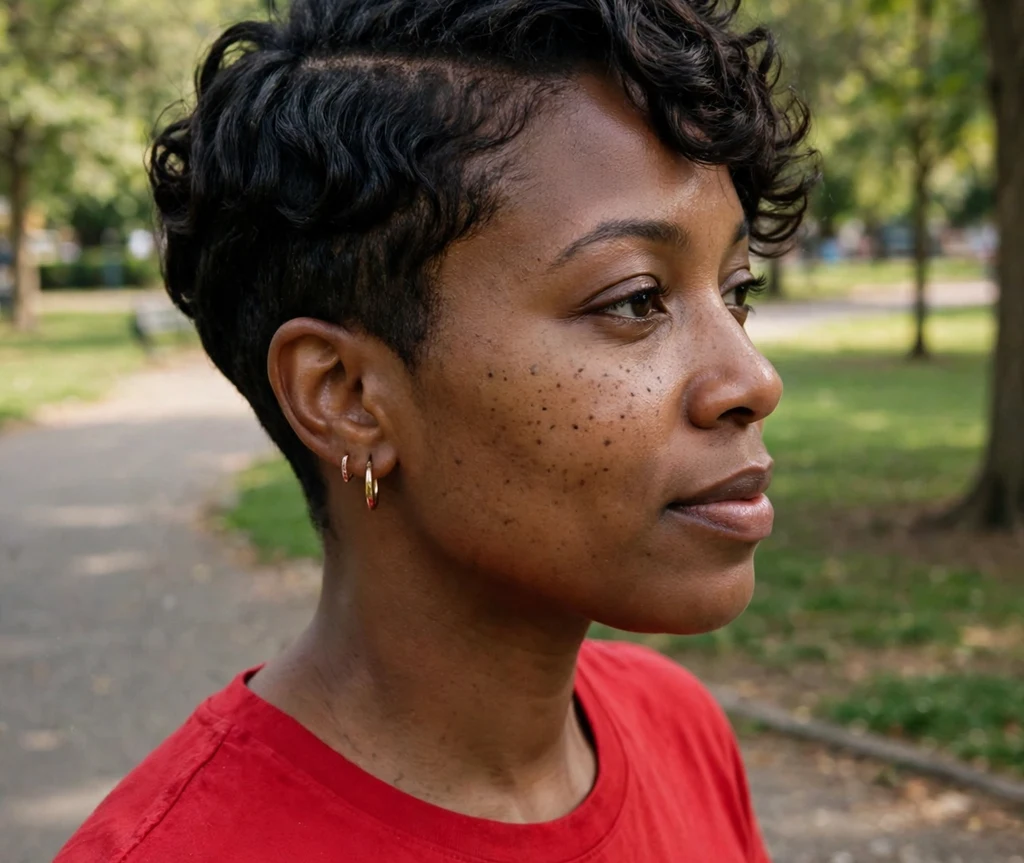 Black woman with a side-parted curly pixie of defined coils