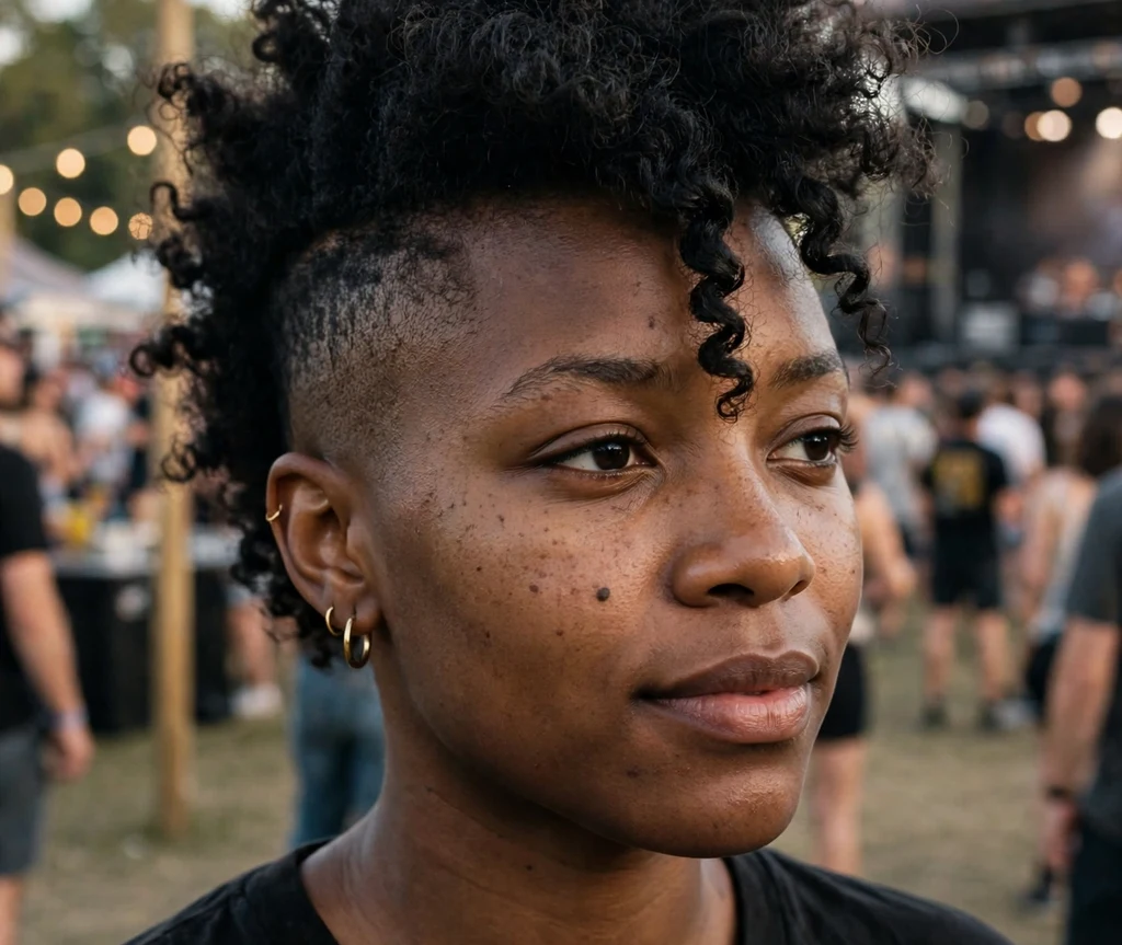 Black woman with a bold curly frohawk and faded sides