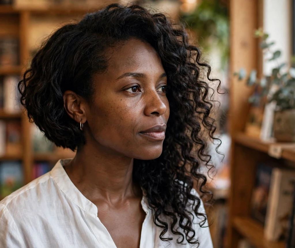 Black woman with an asymmetrical curly bob sweeping to one side