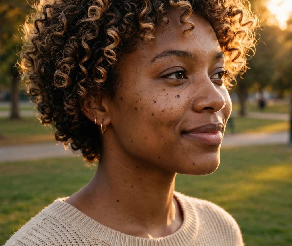 Black woman with short curls kissed with honey-blonde highlights