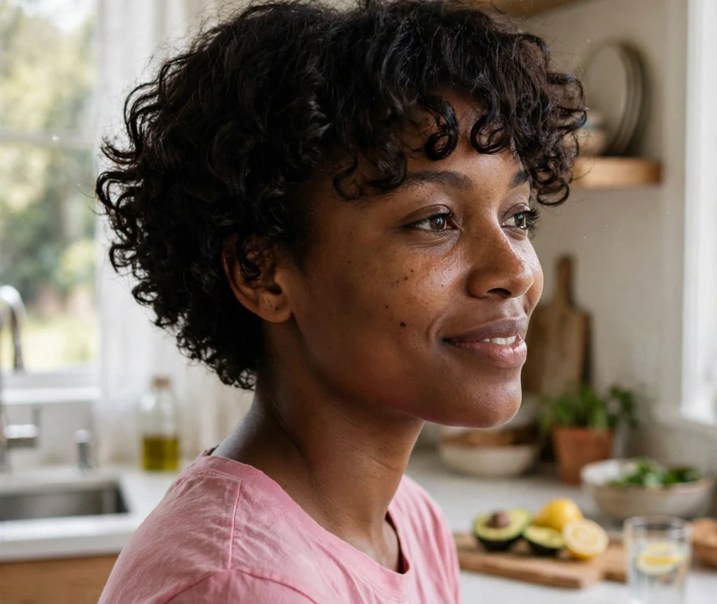 Black woman with a short curly cut and full curly bangs