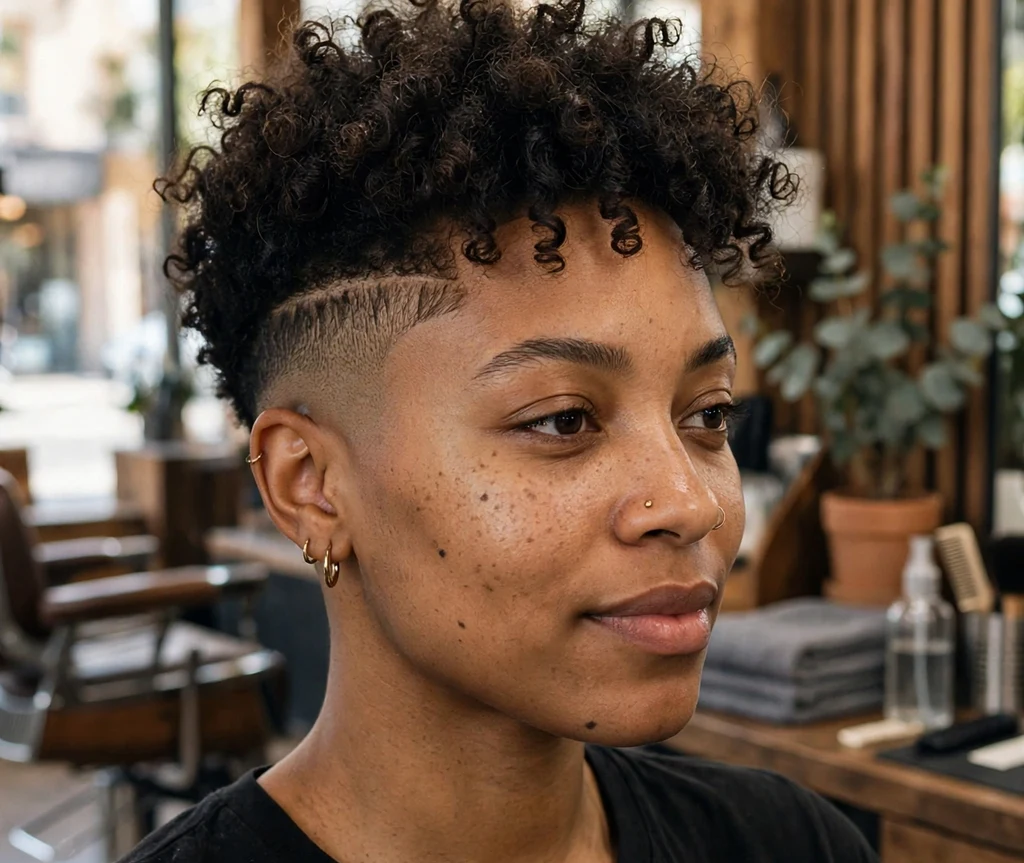 Black woman with a curly crop and neatly shaved sides