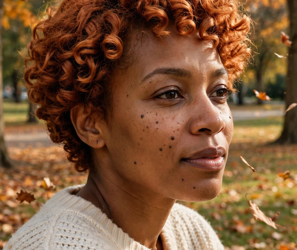 Black woman with short curls in a rich copper tone