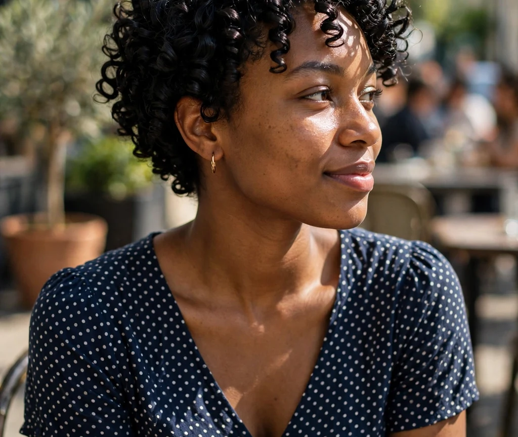 Black woman with short defined spiral curls with glossy shine