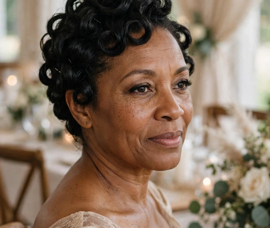 Black woman with an elegant short curly updo for a special occasion