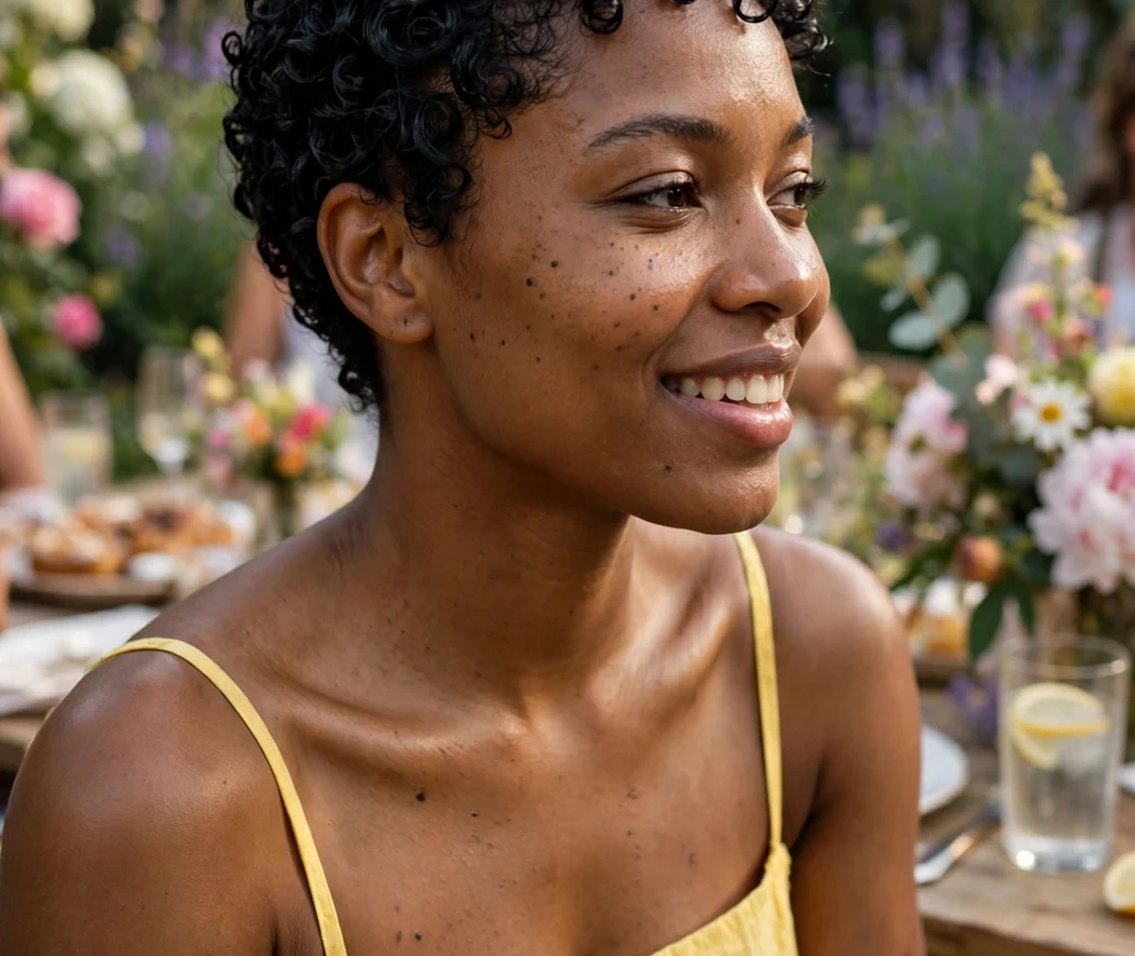 Black woman with a defined short ringlet crop full of shine