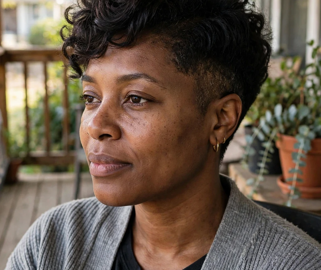 Black woman with a layered tapered curly cut full on top