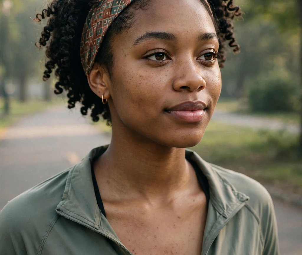 Black woman with short bouncy curls styled with a chic headband