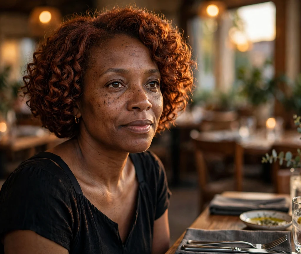 Black woman with an auburn short curly bob of rich reddish curls
