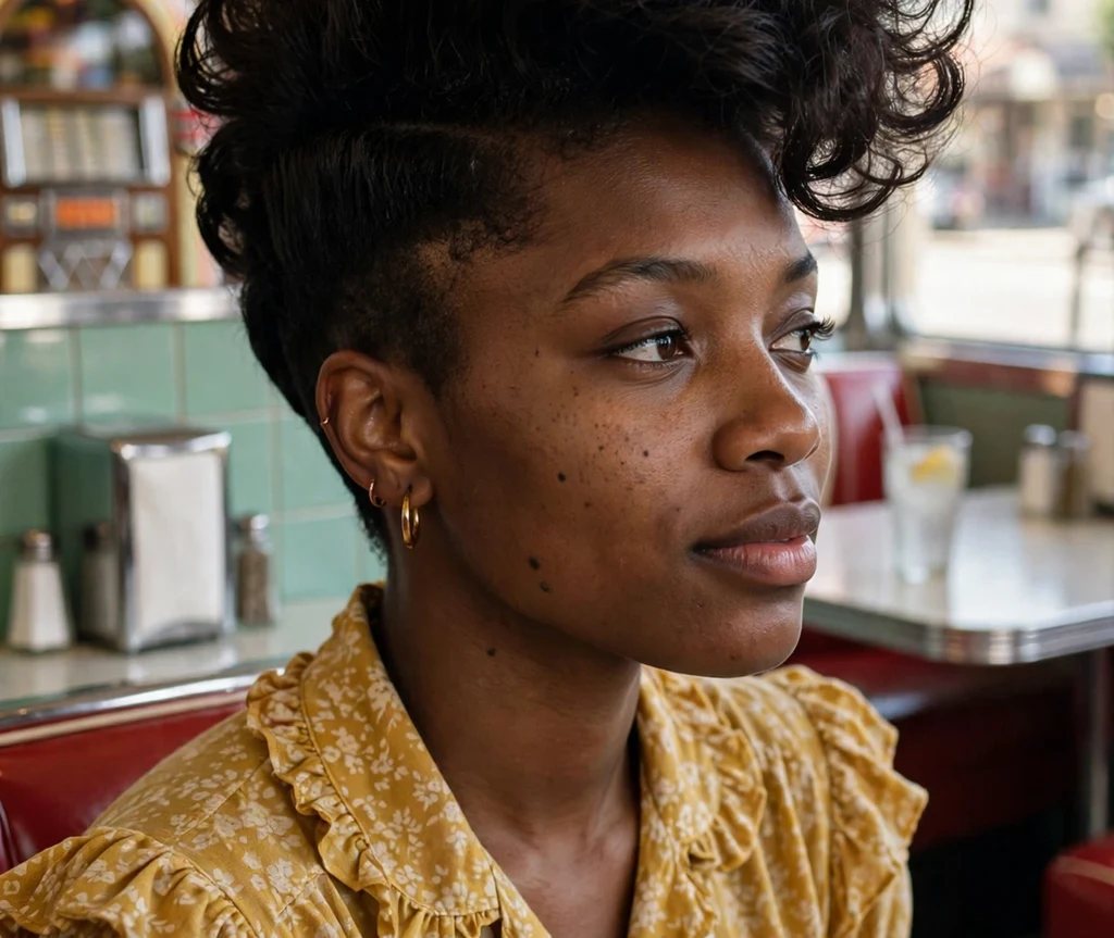 Black woman with a voluminous curly pompadour
