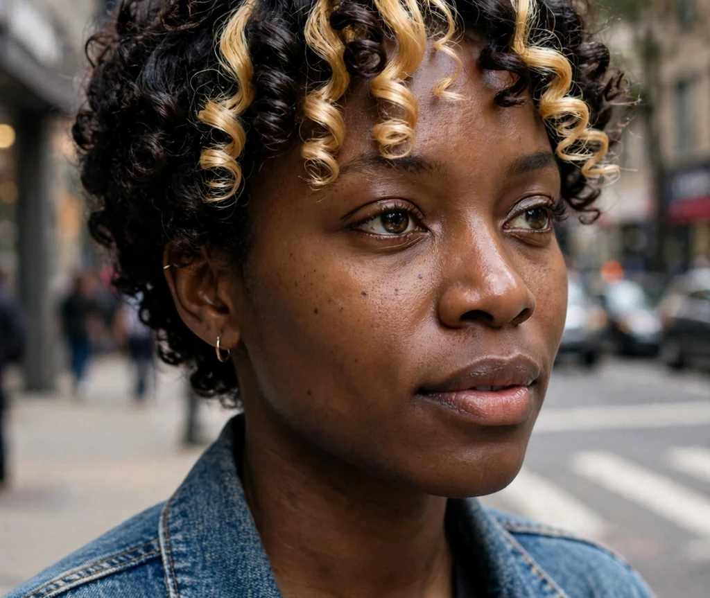 Black woman with short dark curls and bold blonde streaks at the front