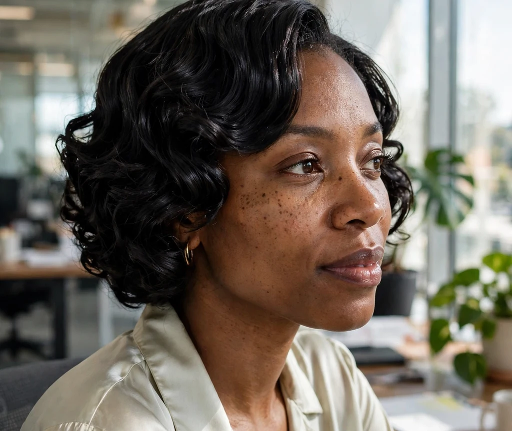 Black woman with jet-black glossy short curls full of shine
