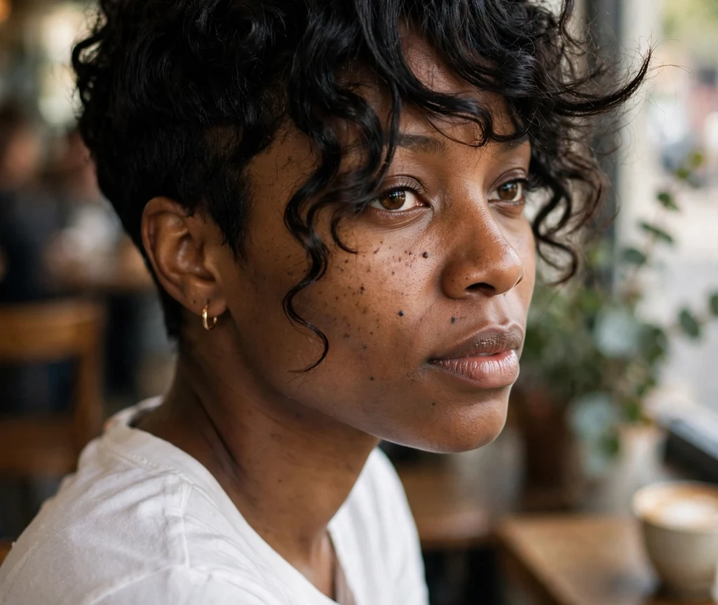 Black woman with a curly pixie and long sweeping fringe