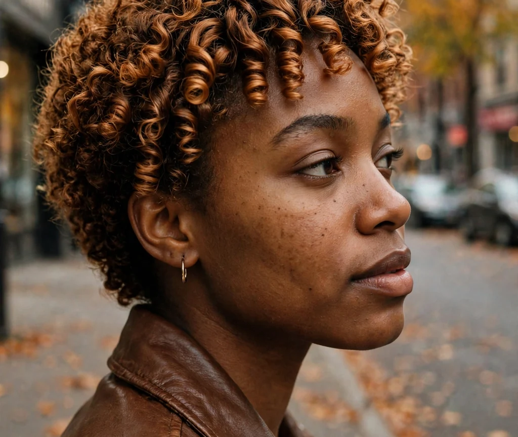 Black woman with short curls in a warm caramel tone