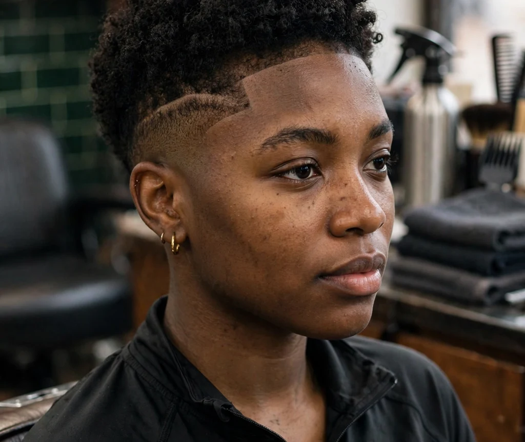 Black woman with a short curly cut and clean fade on the sides