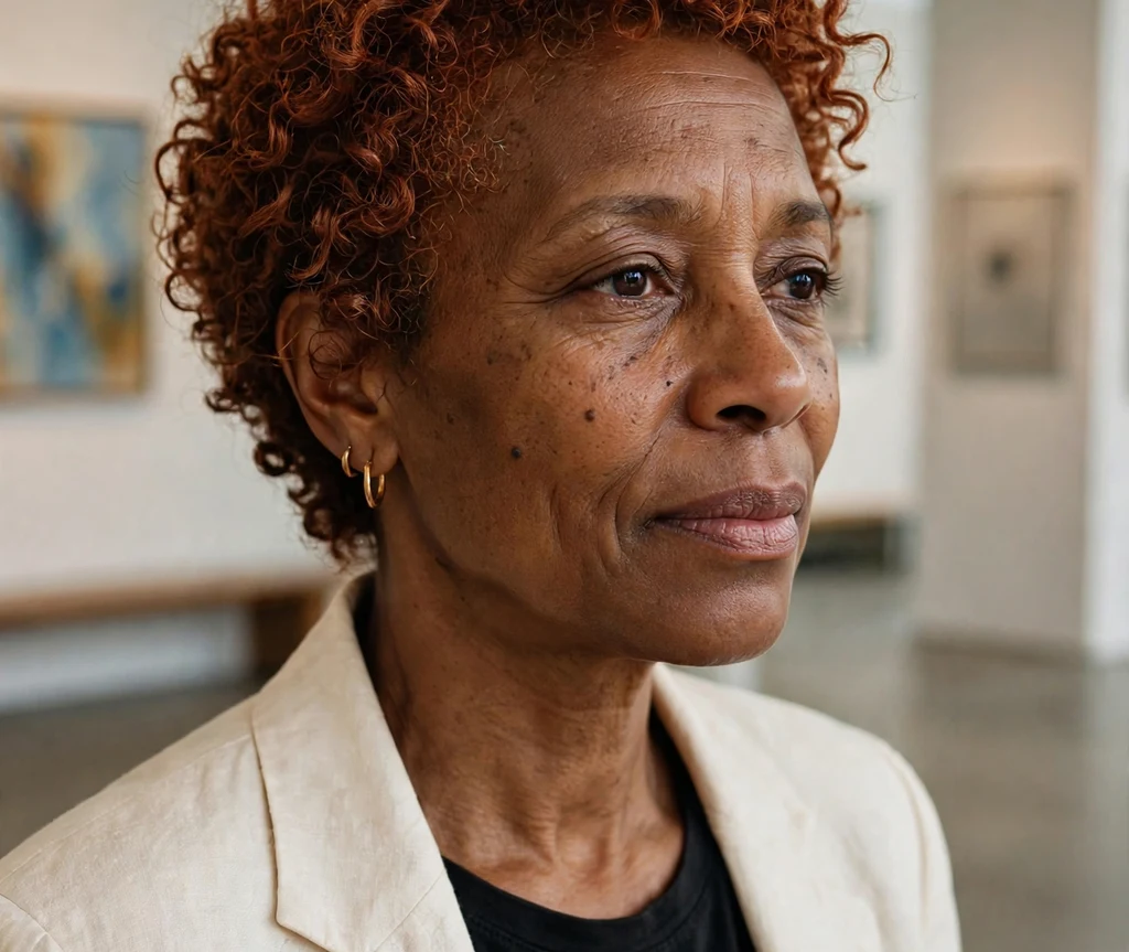 Black woman with short curls in a cinnamon-spice tone