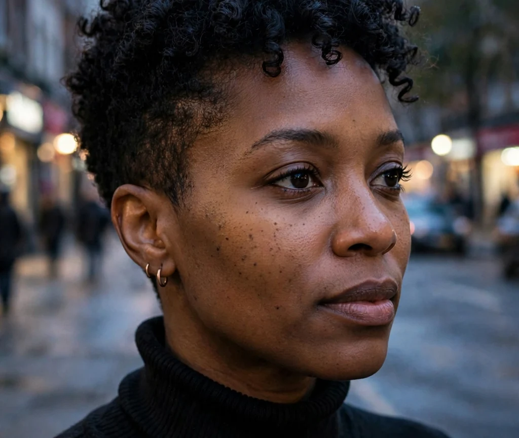 Black woman with short curls and neatly tapered sides
