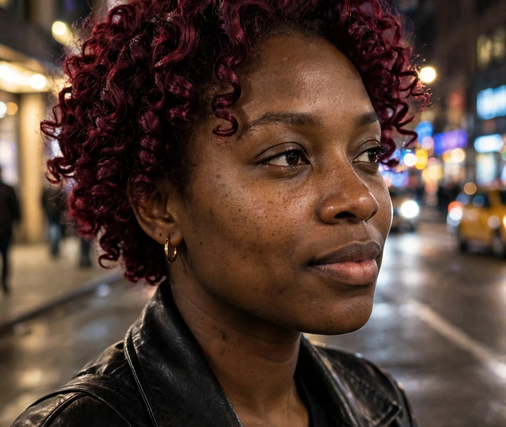 Black woman with bold burgundy short curls