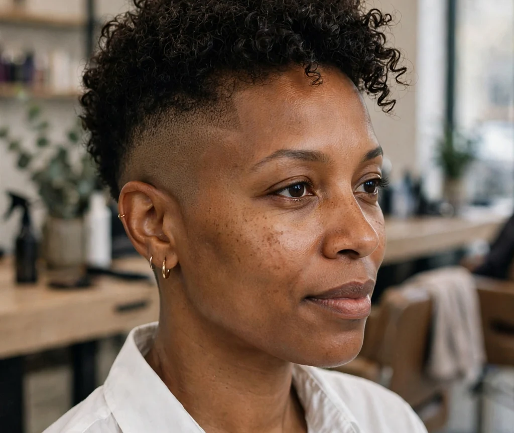 Black woman with a short curly cut and temple fade